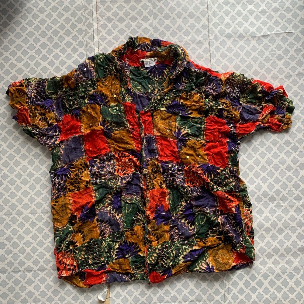 Vintage Patchwork Like Button Down Shirt With Seq… - image 2
